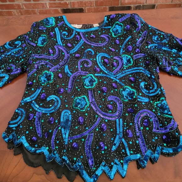 Vintage Laurence Kazar New York Sequined Top in Beautiful Blues and Greens - Picture 6 of 6
